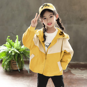 丫逗女童洋气外套秋装2019新款小女孩连帽休闲上衣中大童拼色风衣