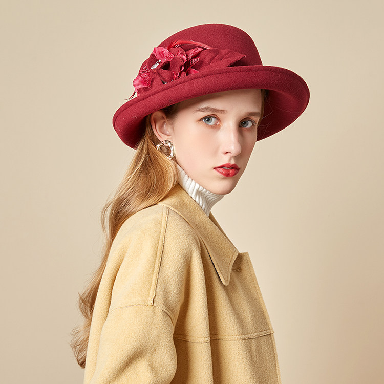 帽子女士秋冬时尚优雅羽毛花朵羊毛呢礼帽气质百搭毛毡帽卷边盆帽,淘宝优惠券,粉丝福利购,淘宝优惠卷