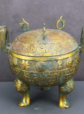 铜艺摆件 古做旧 战国错金团花流鼎 古董收藏品定制