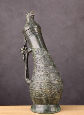 古青铜器摆件春秋战国早期鸟盖瓠壶青铜酒壶蟠龙纹瓠瓜壶工艺品