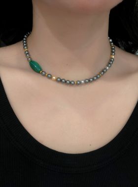 孔雀石珍珠项链锁骨链原创设计