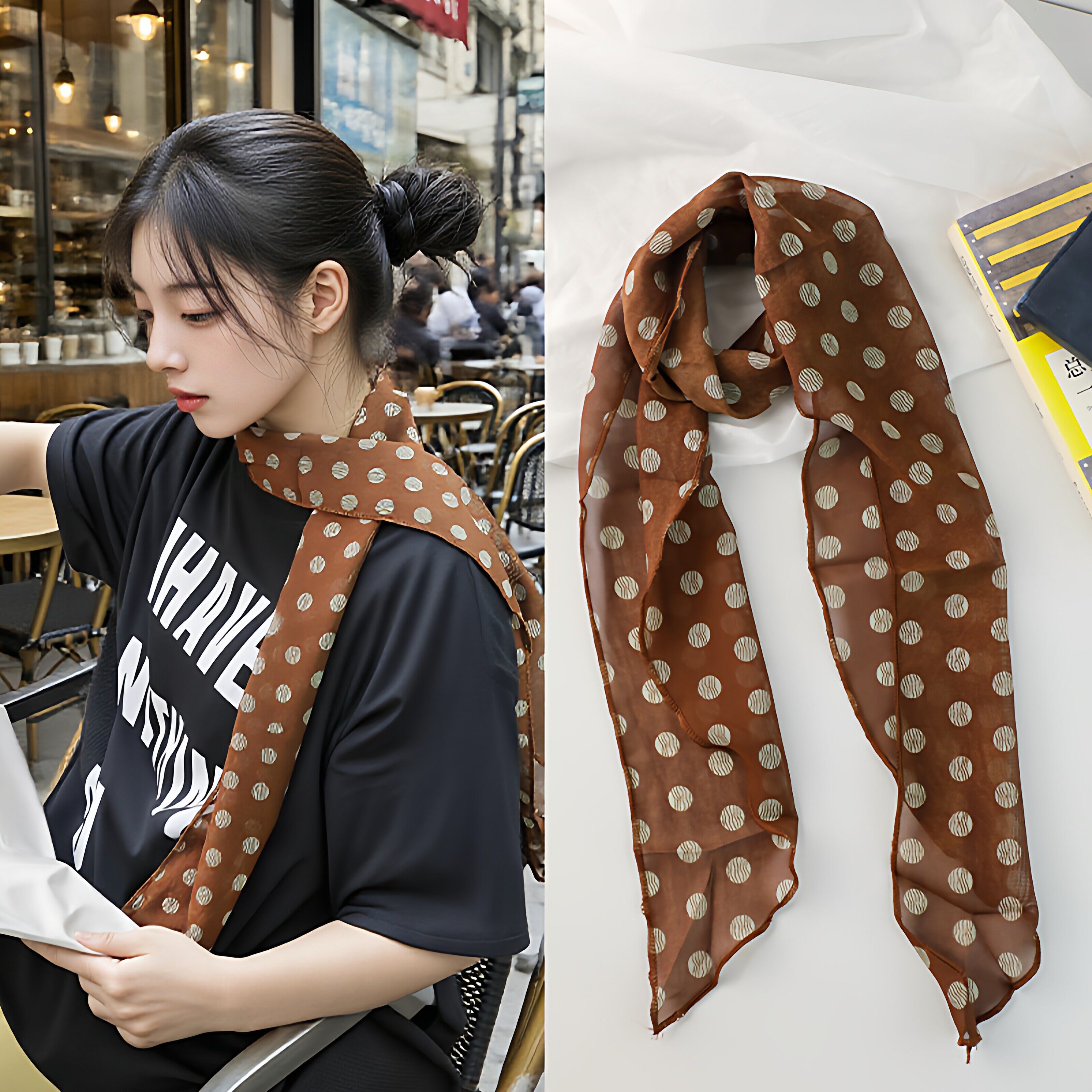 棕色波点丝巾印花高级百搭配饰系脖女2026年发带绑发长条围巾
