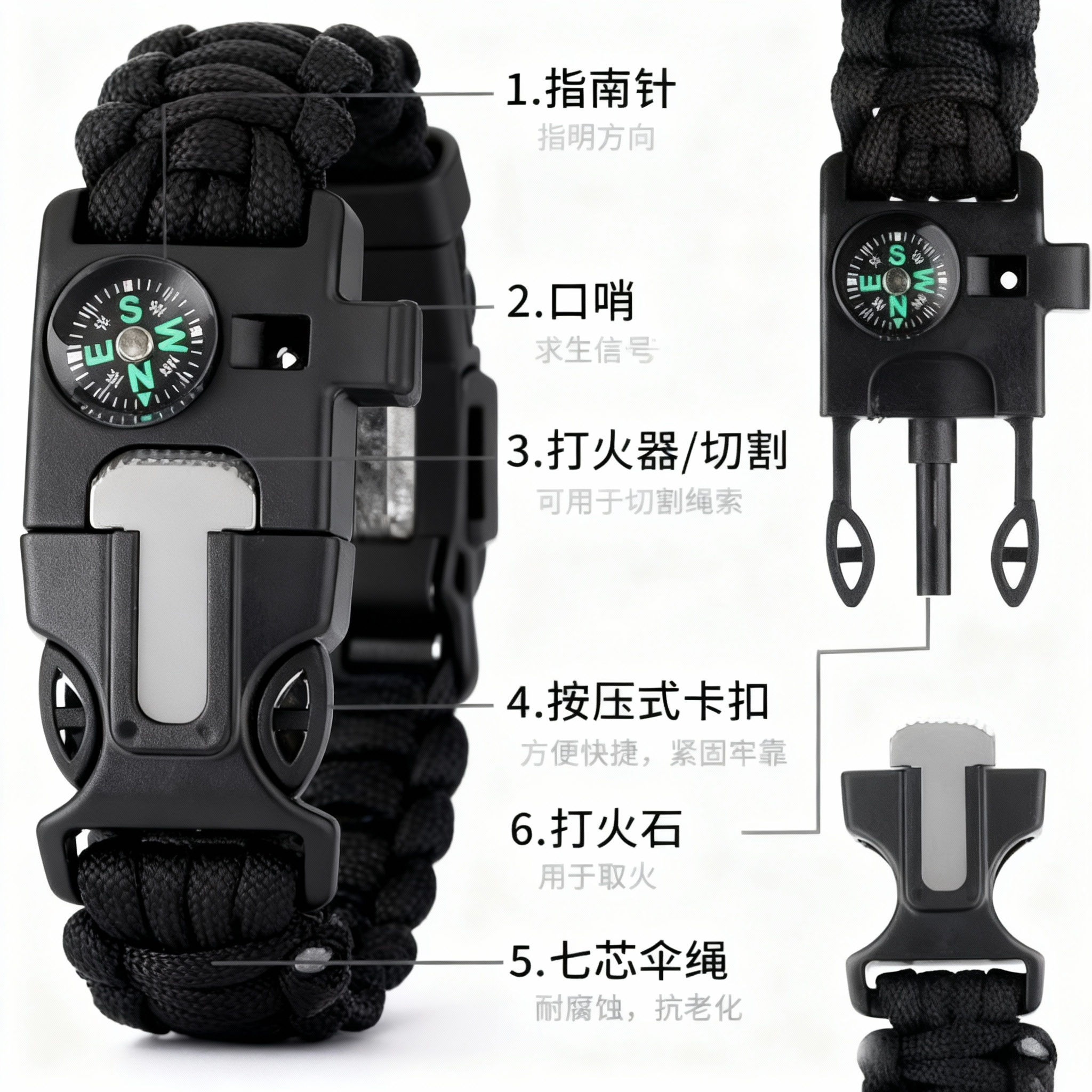 多功能户外伞绳手链打火石指南针登山救生手绳求救哨应急生存装备,淘宝优惠券,粉丝福利购,淘宝优惠卷
