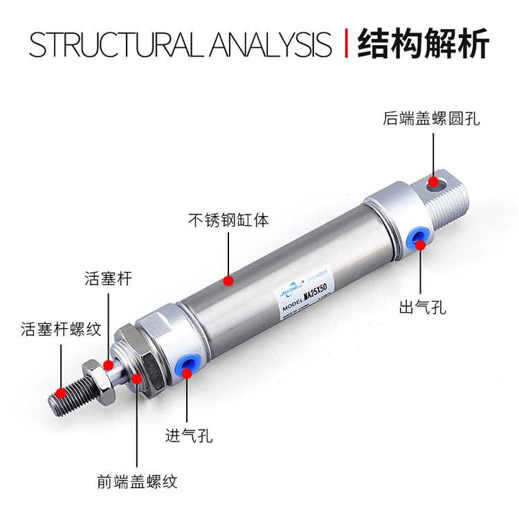 MA不锈钢迷你气缸MA32 40X50X100X150X200X300-S带磁气缸迷你气缸 - 图1