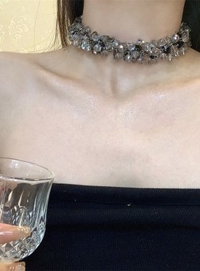 黑色灰色焦糖色水晶配饰锁骨链女日韩夸张复古时尚短款韩国百搭