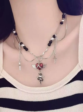 哥特风万圣节重工爱心十字翅膀流苏多层项链女甜酷辣妹小众锁骨链