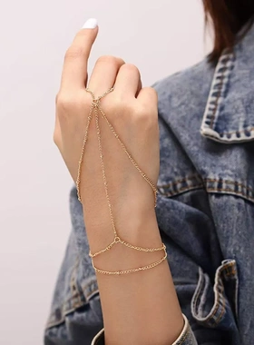 欧美跨境 小米珠简约双层手链珍珠戒指链手指链饰品波西米亚手链