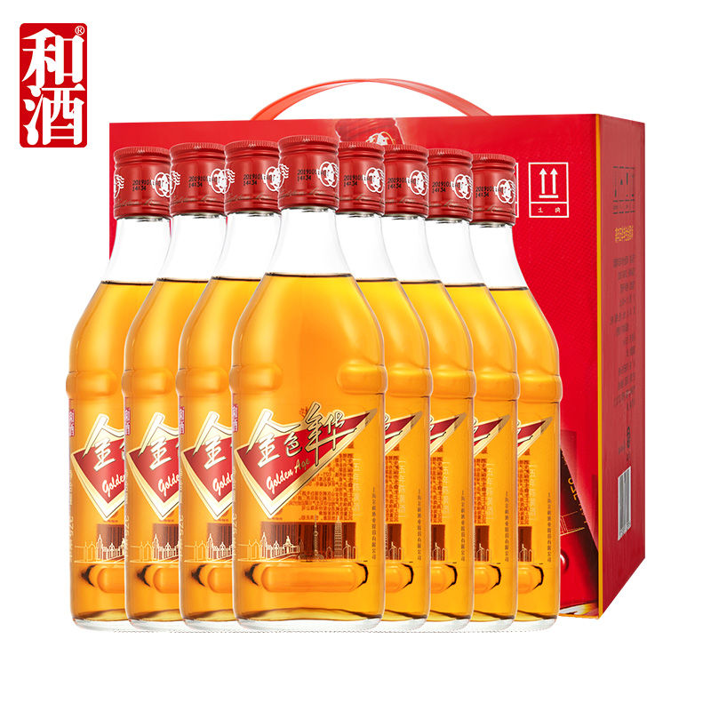 和酒 黄酒 上海老酒 金色年华五年陈375ml*8瓶礼盒装特型半干黄酒 - 图0