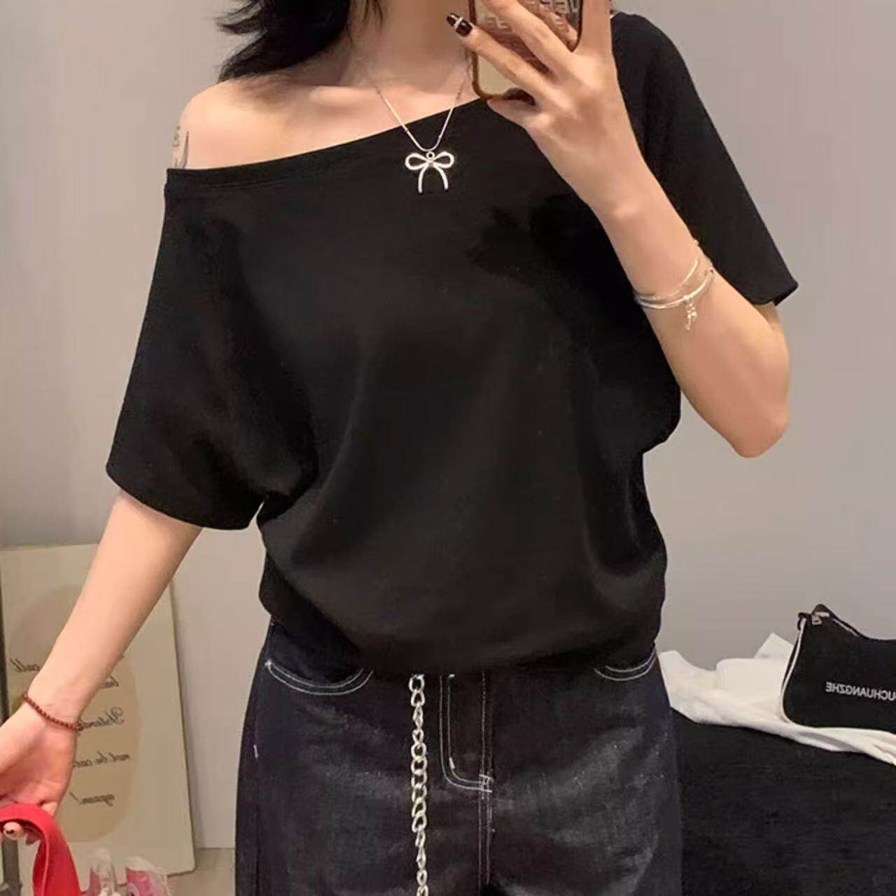 女装2026新款露肩T恤夏季宽松大码短袖t恤女显瘦高级感一字肩上衣