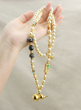 新中式国风仿珍珠长款项链女款葫芦吊坠毛衣链古风旗袍马面裙配饰