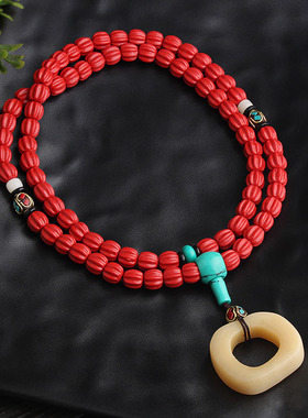 牛骨民族风红色朱砂棉麻大气吊坠