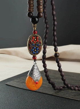 民族风仿蜜蜡水滴木珠长款项链