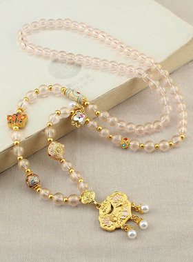 新中式国风锦鲤如意锁粉珠项链女