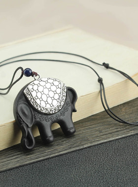 复古简约檀木大象圆环吊坠项链女