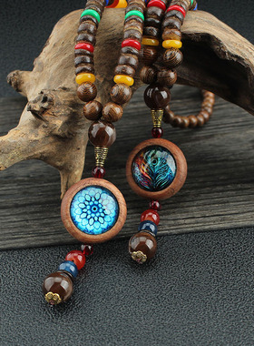 木质吊坠复古藏式唐卡长款毛衣链