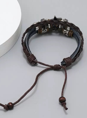 手串五角星多层个性复古手链男女情侣欧美皮质编织小众设计感饰品