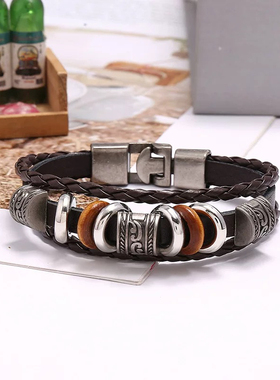 灵魂对撞 复古饰品简约手工串珠多层皮革手链欧美时尚流行男士手