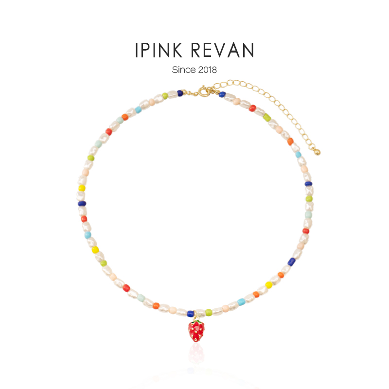IPINK彩色串珠珍珠项链可爱红色草莓吊坠卫衣链高级感锁骨链甜美-图0