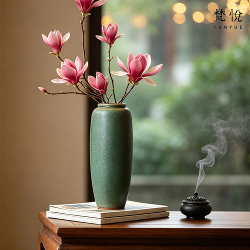 宋氏美学中古禅意复古影绿陶艺侘寂风玫瑰花瓶插花摆件客厅装饰品 - 图3