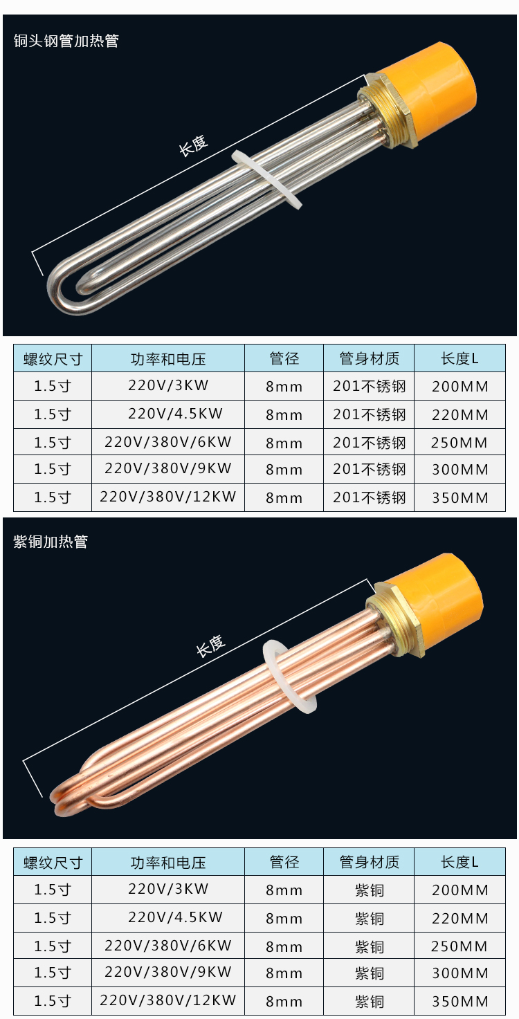 一寸半DN40空气能太阳能工程水箱电热管锅炉电加热管 220V 380V-图1