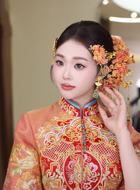 新中式新娘橘色仿真花流苏发簪