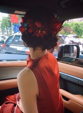 新款中式红色花朵复古发饰新娘
