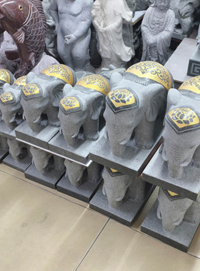 惠安石雕大象石象原石刻小象摆件一对青石头吸水大象公母象装饰品