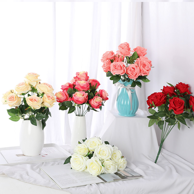 玫瑰花客厅装饰摆设绢花塑料干花 把束玫瑰9头一束 臭皮匠家居旗舰店 淘优券