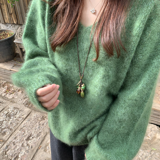 Berry likes you and likes bulky custom-made v-neck all-wool brushed soft and waxy sweater lazy loose slimming top