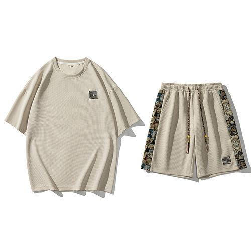 夏季新款华夫格透气大码套装男潮流百搭运动休闲短袖T短裤两件套 - 图0