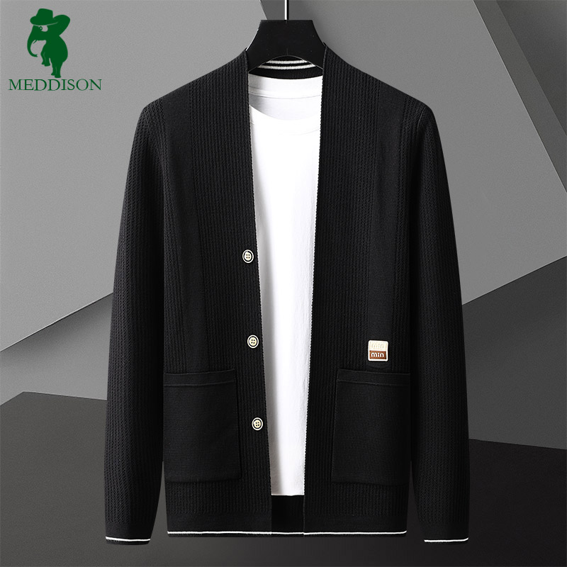 Meddison新款男装中青年高端春秋轻奢提花竖条纹开衫针织长袖外套 - 图0