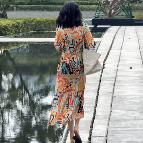设计感时尚印花连衣裙女2026年夏季新款宽松减龄大码中袖显瘦长裙 - 图3
