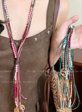 度假穿搭~波西米亚蓝色串珠项链女复古新中式轻奢感夸张配饰包邮