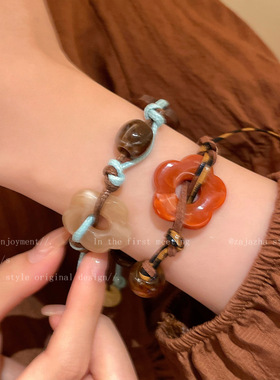 新中式复古花朵编织绳手链女款