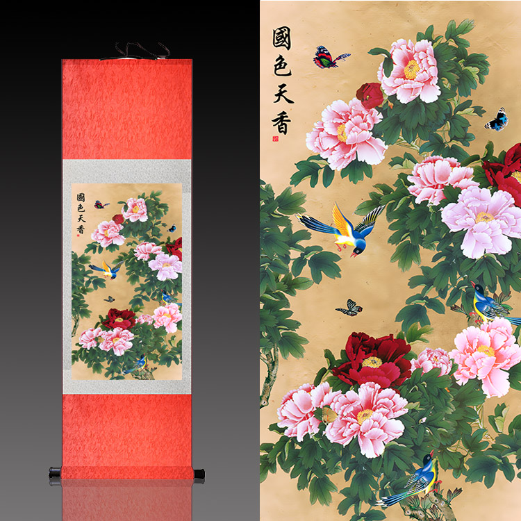 国色天香牡丹画丝绸画卷轴画已装裱可定制花鸟画客厅家居装饰画