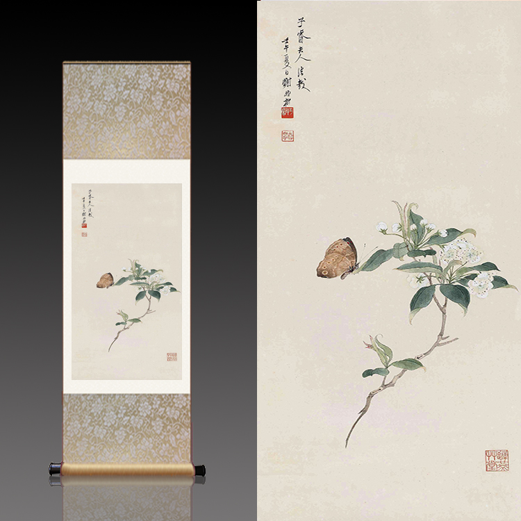 梨花蝴蝶丝绸画卷轴画客厅挂画新中式玄关装饰画国画花鸟画新品 - 图0