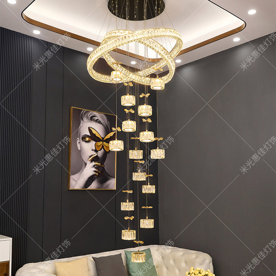 Villa hollow living room large chandelier duplex building modern light luxury high ceiling small loft apartment staircase hollow crystal lamp