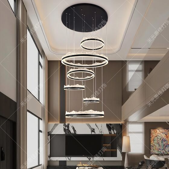 Large hollow staggered chandelier in the duplex building of the villa