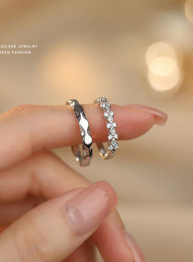 缘定双方情侣开口戒指S925纯银菱方微镶锆石对戒七夕情人节礼物