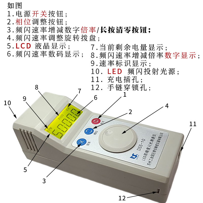 DSS-10型充电式led闪光测速仪转速表频闪仪电机风机印刷纺织旋转