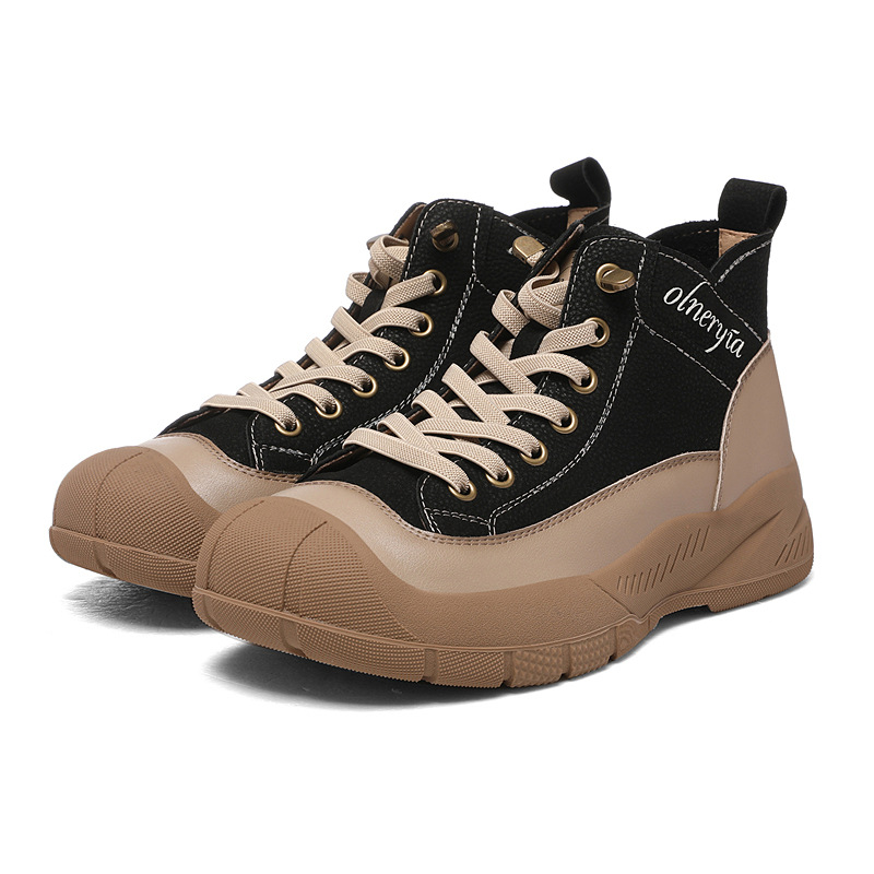 真皮高帮厚底2025秋冬新款一脚蹬女鞋休闲运动圆头系带女款工装鞋 - 图3