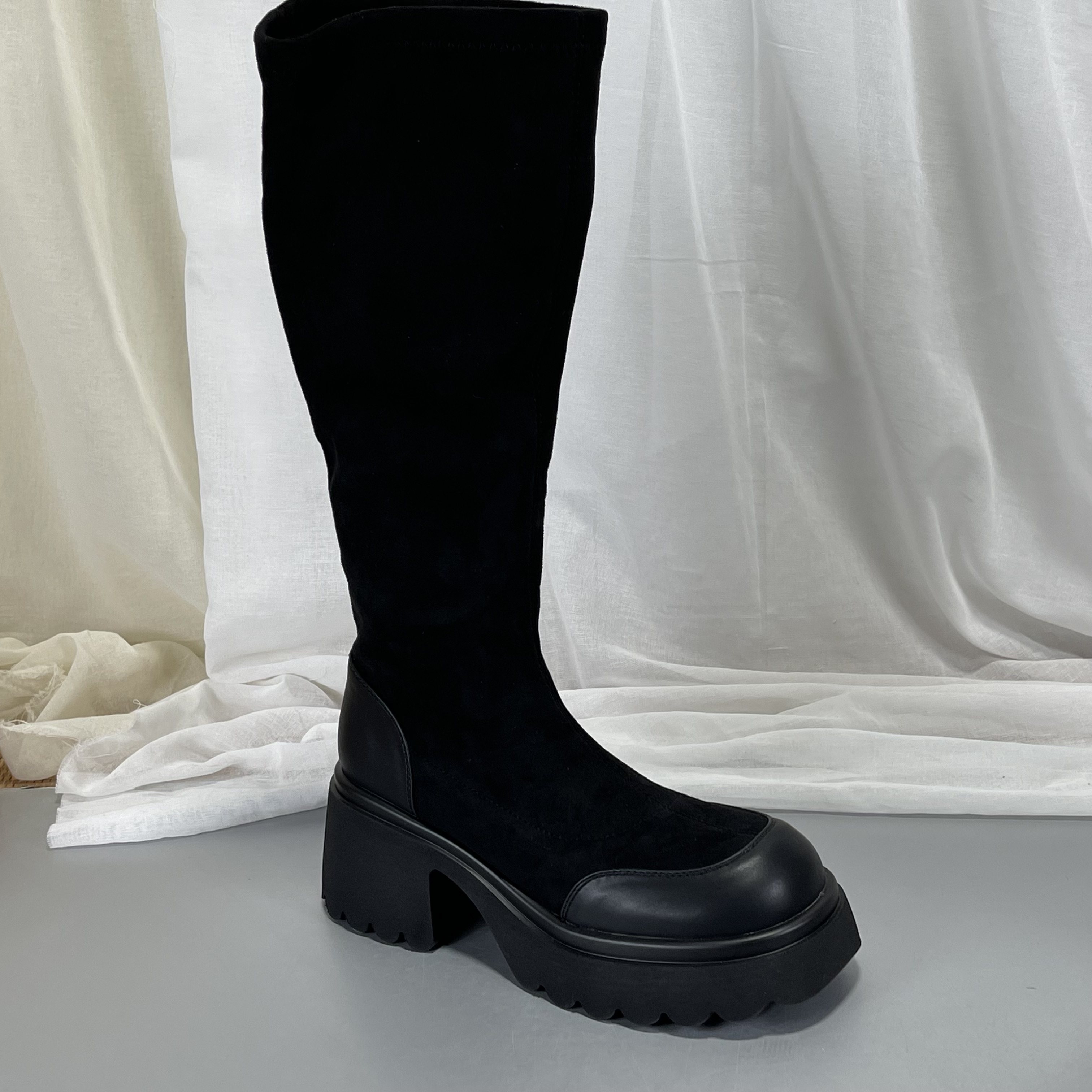 复古弹力羊反绒皮瘦瘦靴女2025冬季款保暖百搭厚底粗跟不过膝长靴,淘宝优惠券,粉丝福利购,淘宝优惠卷