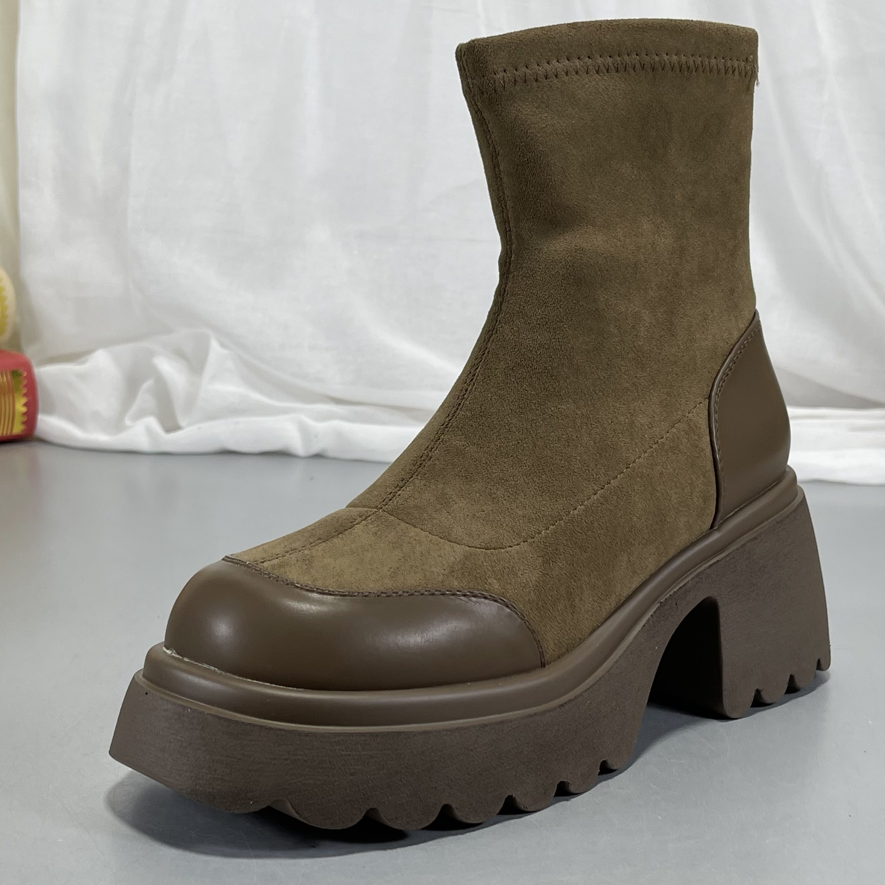 厚底真皮瘦瘦靴短靴女冬季新款女靴粗跟女鞋靴子加绒棕色弹力靴,淘宝优惠券,粉丝福利购,淘宝优惠卷