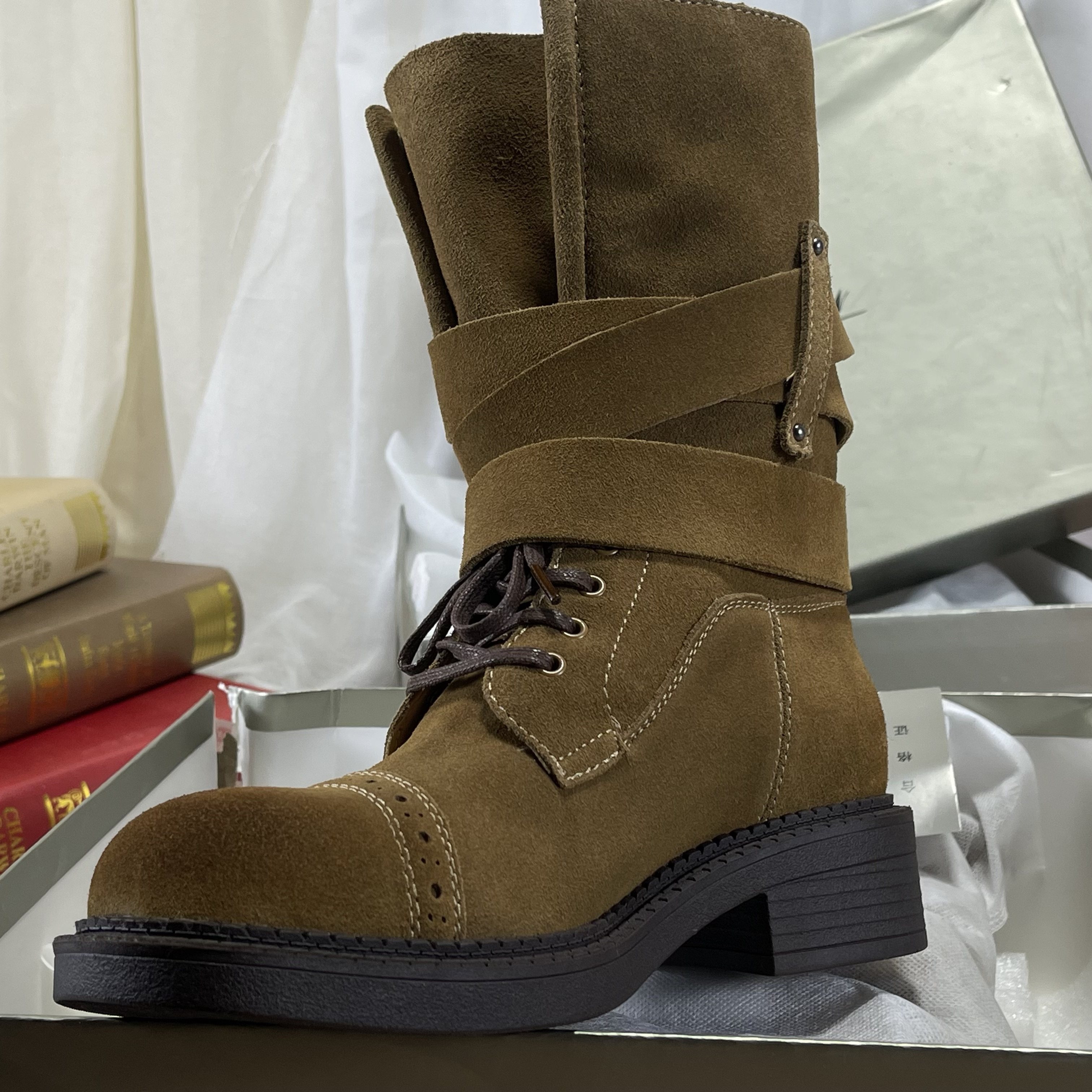 头层牛皮中筒靴女堆堆靴2025秋冬款复古英伦风皮带扣机车马丁靴子,淘宝优惠券,粉丝福利购,淘宝优惠卷