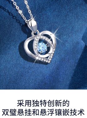 S925纯银跳动的心蓝水晶项链女款
