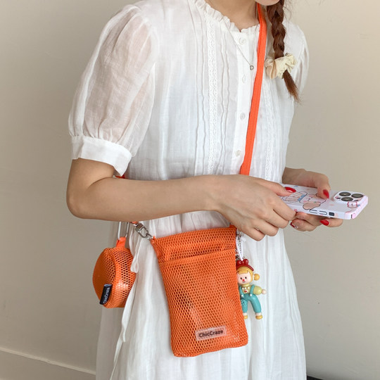 Korean style niche design dopamine daily commuting mobile phone bag mini mesh bag travel shoulder crossbody bag for women