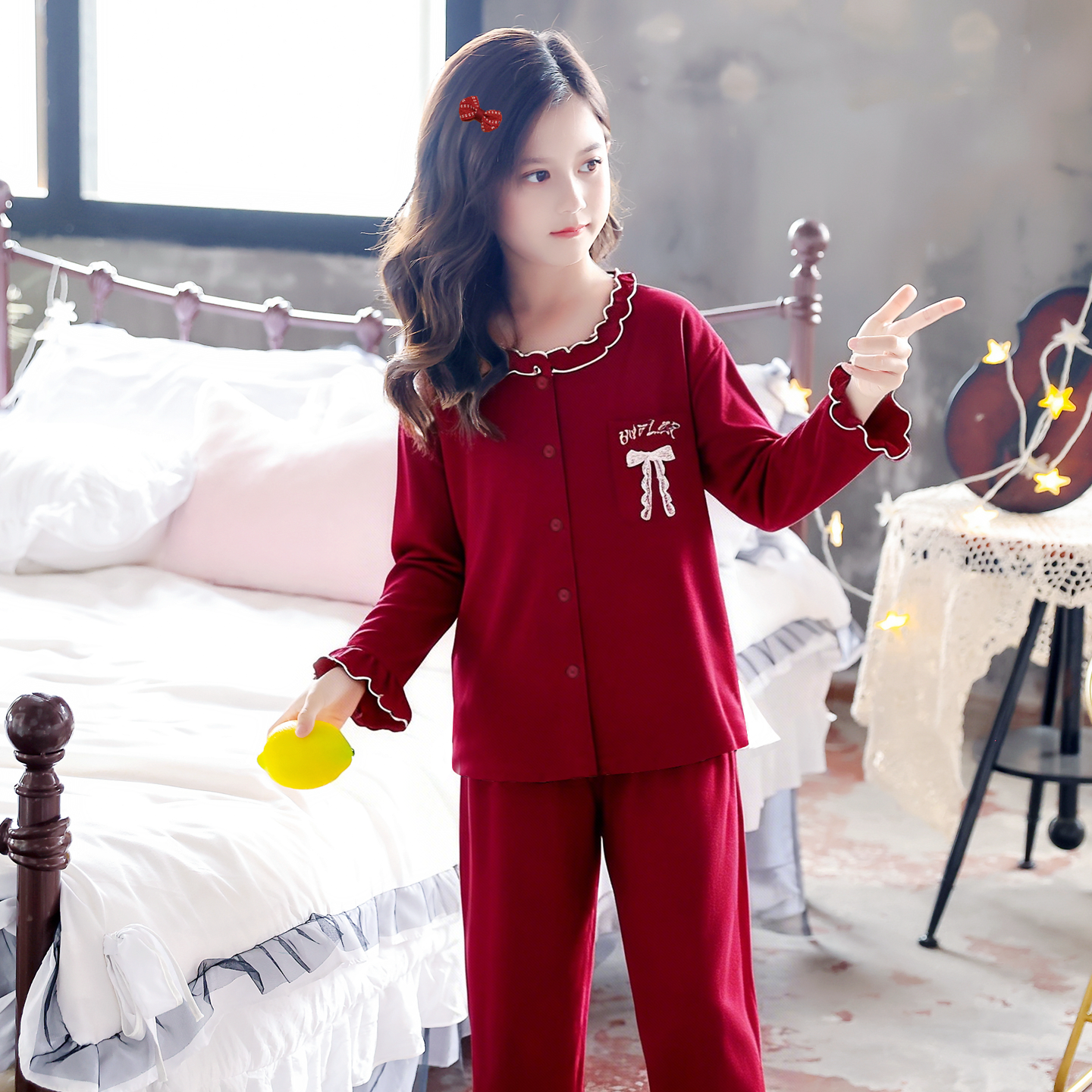 新中式女童纯棉长袖睡衣母女亲子装红色本命年春秋季家居服可外穿,淘宝优惠券,粉丝福利购,淘宝优惠卷