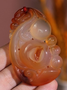 源饰界-天然冰彩玉髓俏色巧雕龙如意水晶洞吉祥如意大号玉石吊坠