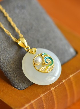 天然玉石s925银镀金镶和田玉白玉平安扣吊坠珐琅祥云锁骨项链礼物