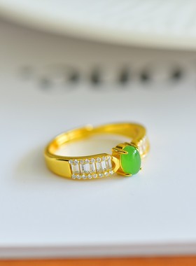 天然玉石s925银镀金镶和田玉碧玉戒指戒圈大小可调节女生老婆礼物